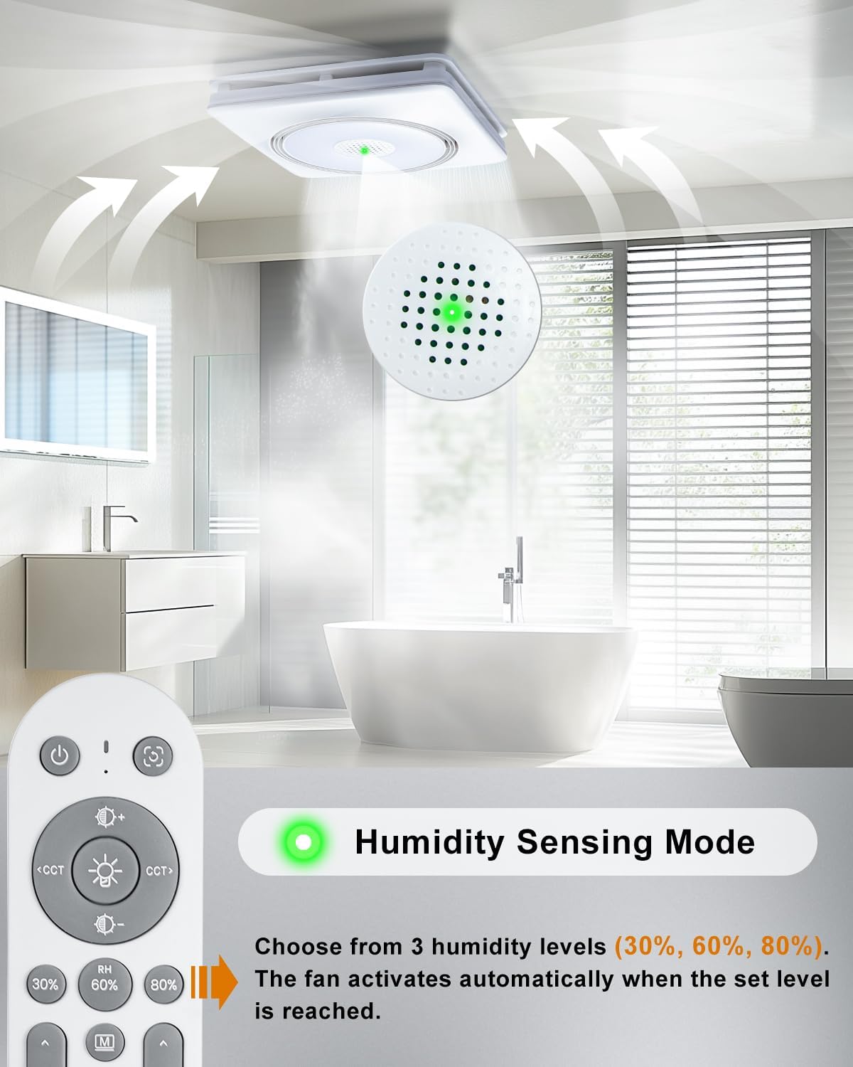 GROWNEER Powerful Oversize Bathroom Exhaust Fan with Light, 40W Bathroom Fan with Humidity Sensor, 110/160 CFM 1.0 Sone Exhaust Fan with Heater, 1800W Heating, 1500lm 2700K/4000K/5000K & Nightlight