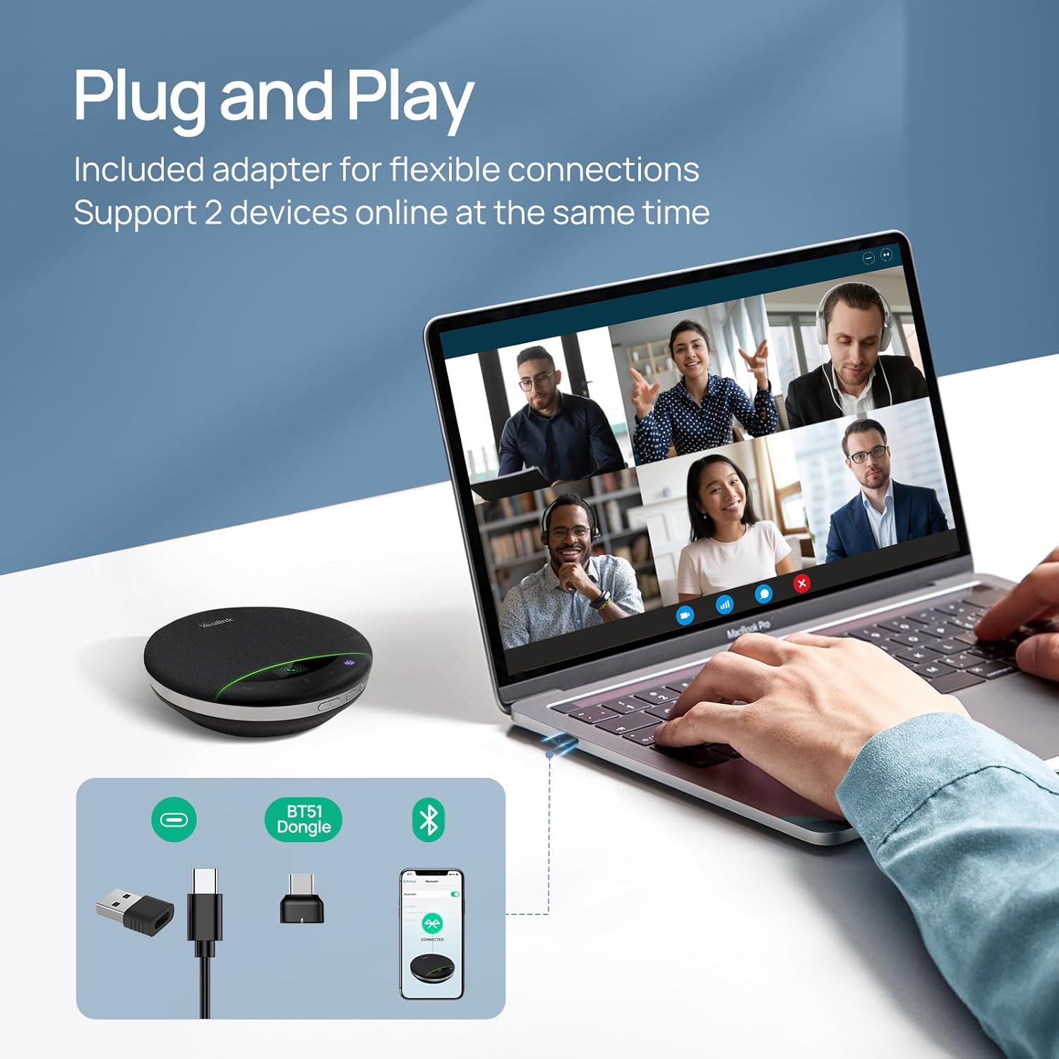 Yealink Bluetooth Speakerphone SP96 with Dongle Support Daisy-Chain 26H Talk Time Teams Certified 65mm Conference Speaker and 6 Microphones Array LCD Screen Smart AI Noise-Canceling