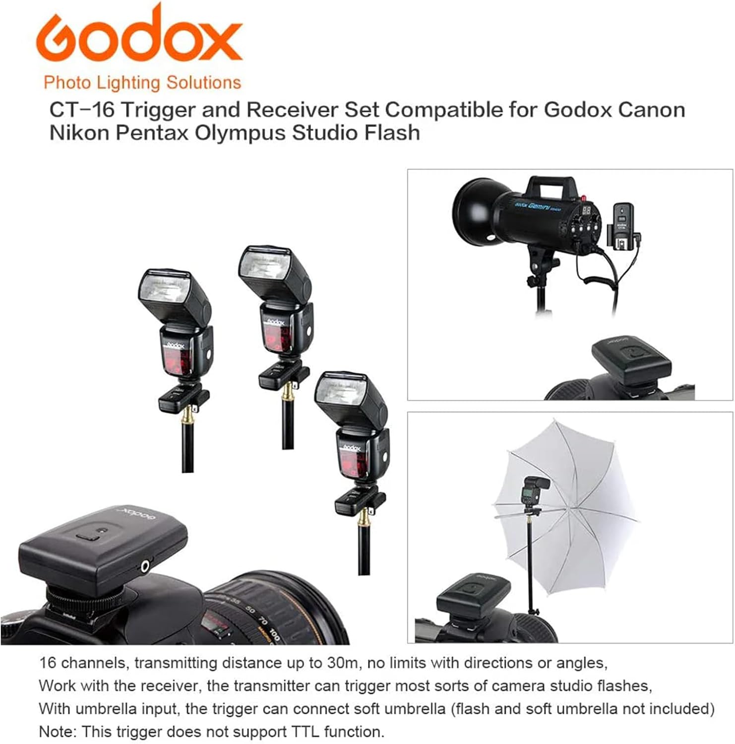 Godox CT-16 Wireless Radio Flash Trigger Receiver Kit, 16 Channel 433MHz Wireless Flash Trigger Kit (1x Transmitter+3X Receiver), Compatible for Canon Nikon Pentax DSLR Camera