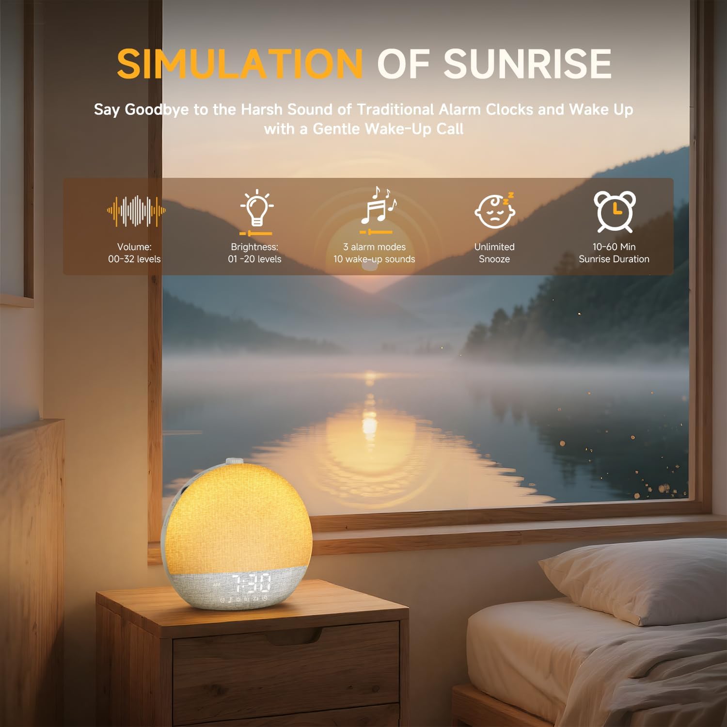 Sunrise Alarm Clock White Noise Sound Machine for Bedroom | Natural Wake-Up Light with 30 Soothing Sleep Aids, Bluetooth Speaker, Dimmable Clock, Screen-Free Design for Baby Adults Kids-White