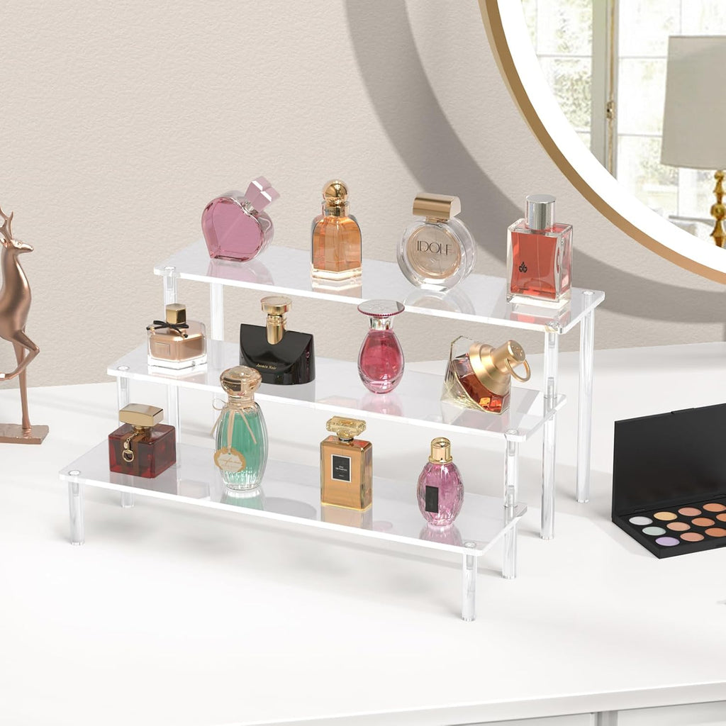 Acrylic Display Risers, 3 Tier Perfume Organizer Stand, Clear Cupcake Stand Holder, Large Shelf Risers for Figures, Dessert Shelves for Party, Display Shelf for Decoration and Organizer