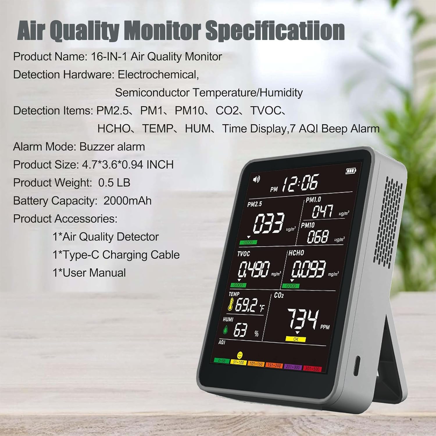Professional Indoor Air Quality Monitor with AQI Alarms, Portable Real-Time Detector for Home Cars Plants and Pets (Cold Grey)