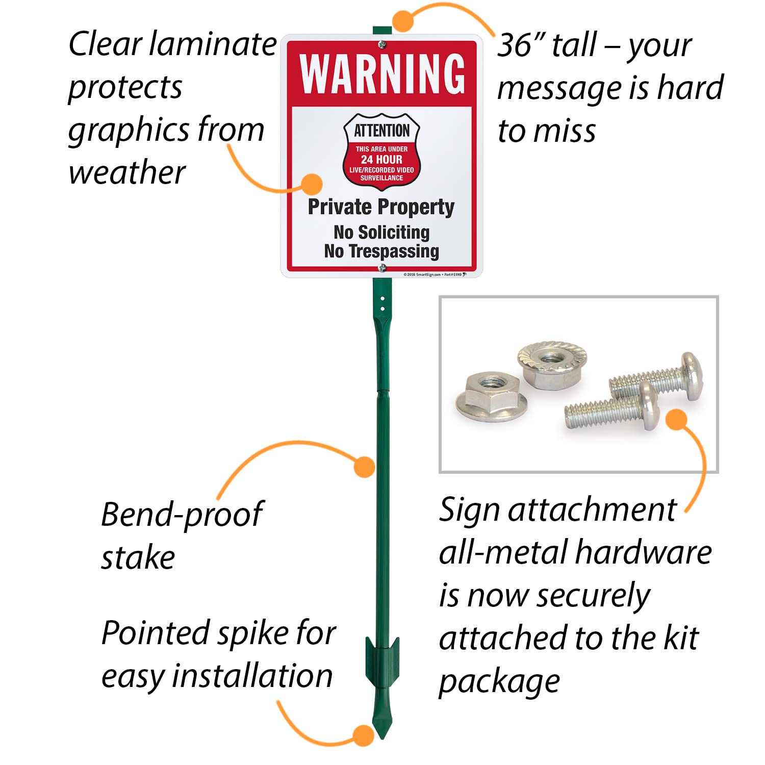 SmartSign 12" x 10" 'Warning - Private Property, No Soliciting/Trespassing, Area Under Surveillance' Yard Sign with 3 ft Stake, 40 mil Laminated Rustproof Aluminum, Red/Black/White, USA-Made