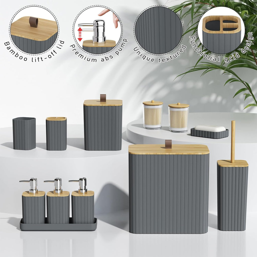 Bathroom Accessory Set - Grey Bathroom Set, 12PC Bathroom Accessories Set, Grey Bathroom Accessories Set, Mini Trash Can, Toilet Brush, Trash Can & Soap Dispenser