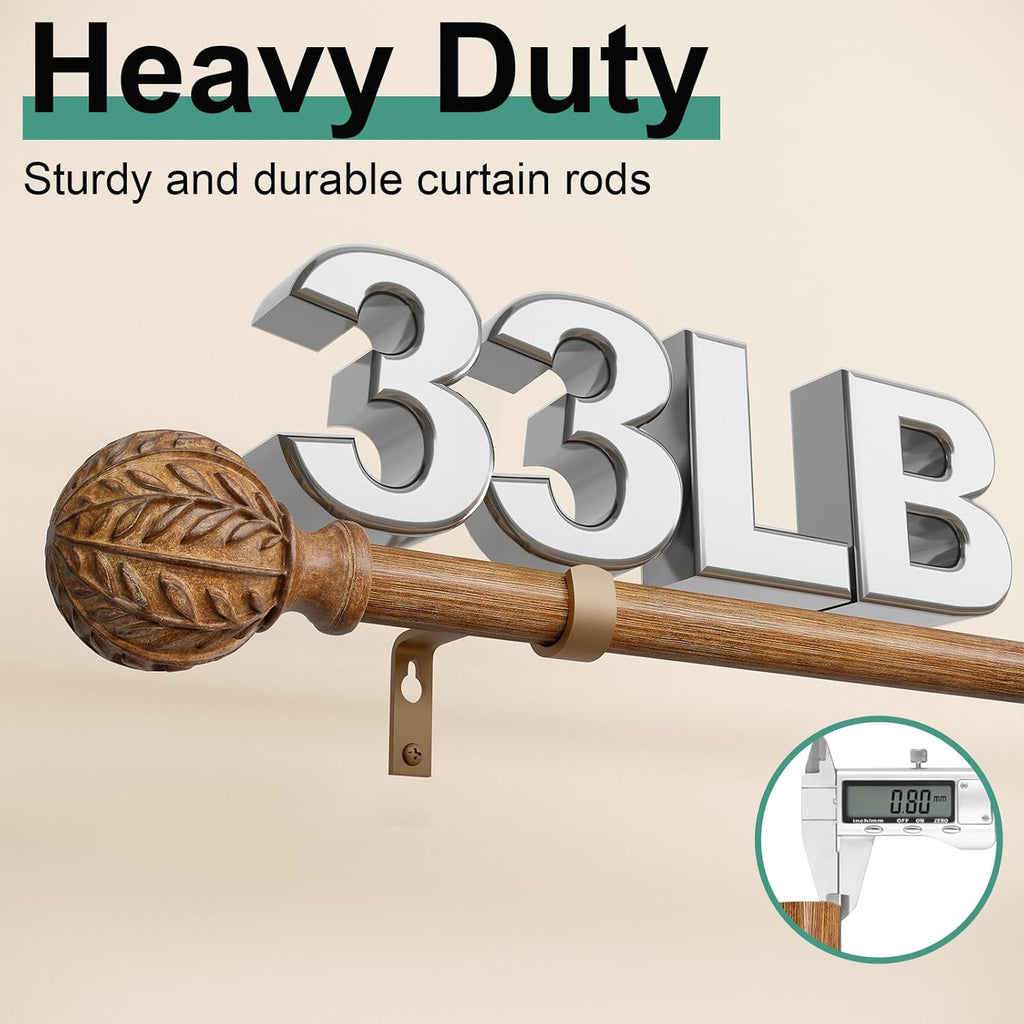 Boho Wood Curtain Rods for Windows 66 to 120 inch,1" Adjustable Heavy Duty Window Curtain Rod with Imitation Wood Grain Finials,Rustic Decorative Drapery Rods Set,Size:36-120'',Natural Wood