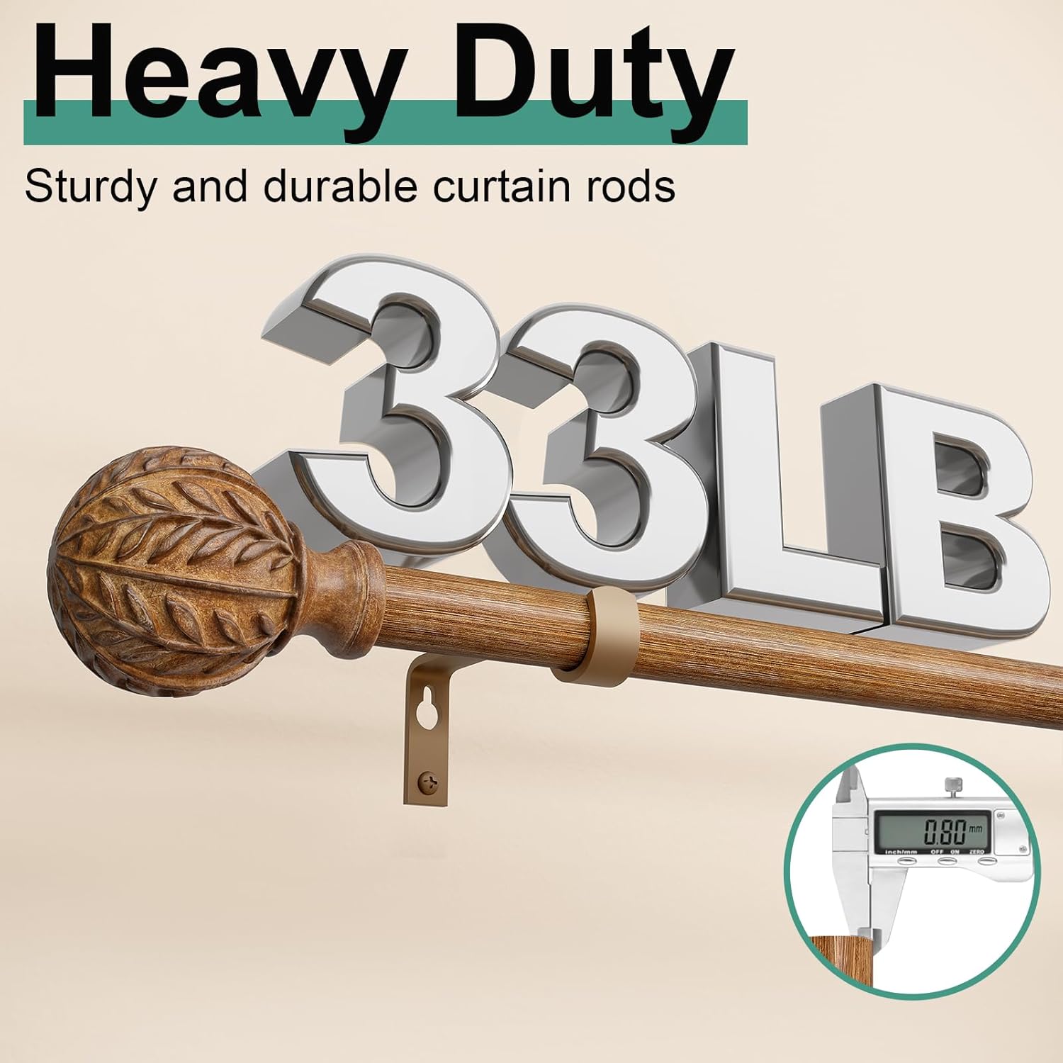 2 Pack Boho Wood Curtain Rods for Windows 28 to 48 inch,1" Adjustable Heavy Duty Window Curtain Rod with Imitation Wood Grain Finials,Rustic Decorative Drapery Rods Set 18-60'',Natural Wood