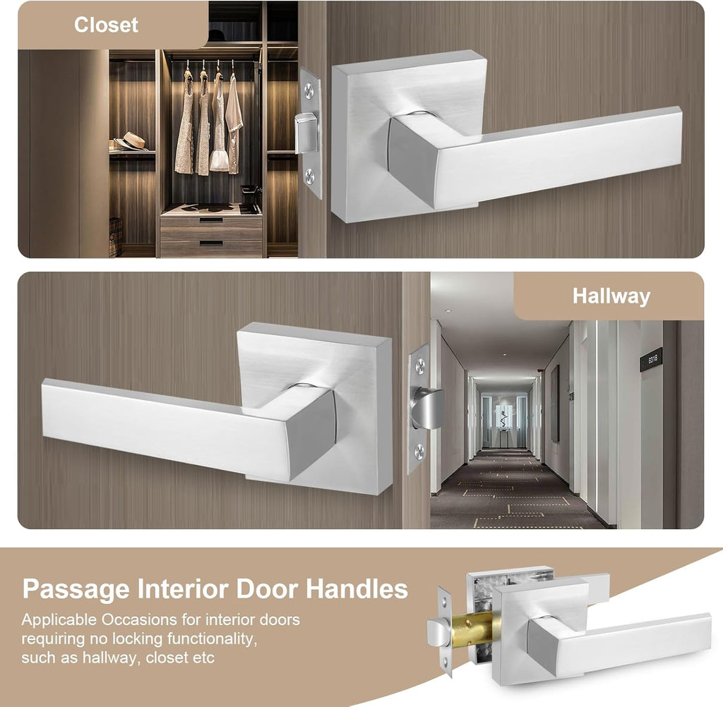 Square Passage Door Lever, Heavy Duty Interior Door Handles for Hallway& Closet Non-Locking Door Knob in Satin Nickel Keyless Door Lockset for Right & Left Side Door, 8 Pack