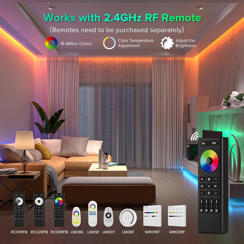 5in1 WB5 2.4GHz WiFi PWM LED Controller Compatible with Alexa Google Home Smart Life Tuya APP for Dimming CCT RGB RGBW RGBCCT LED Strip Light Controller Works with WR01RF WR02RF, DC12V-24V
