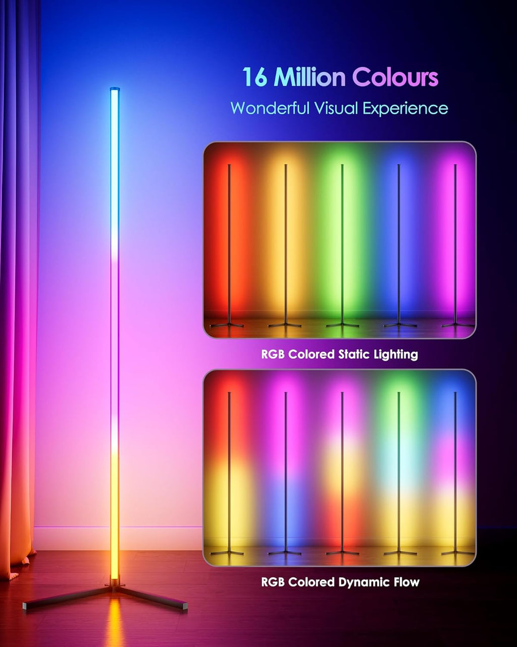 Corner Floor Lamp, 65" Smart RGB Color Changing LED Floor Lamp with APP and Remote Control, Modern Mood Lighting Corner Lamp with Music Sync, DIY Mode & Timing for Living Room Gaming Room