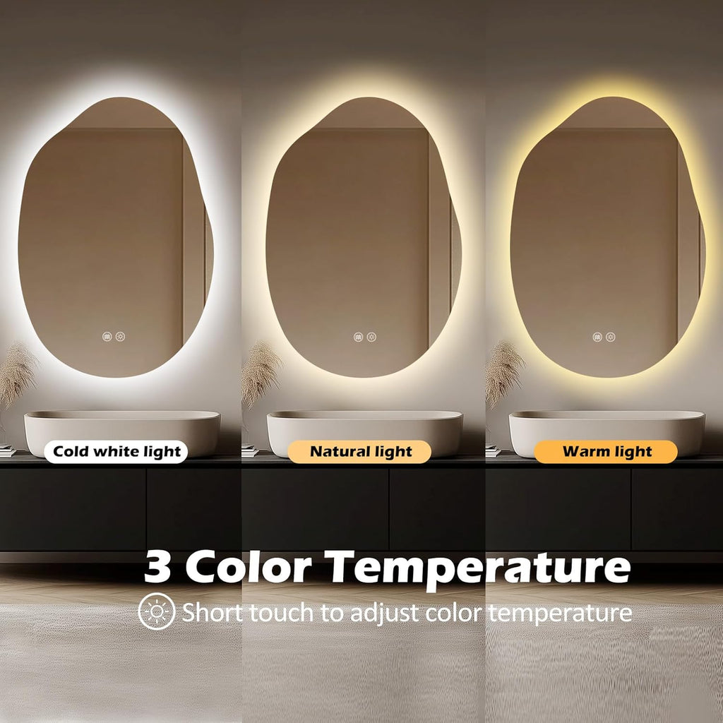 LED Light Bathroom Mirror 22x32, Stepless Dimmable Irregular Backlit Mirror with 3 Colors, Anti-Fog, Memory, Al-Alloy Lampshade, Frameless Makeup Mirror for Bathroom (Horizontal/Vertical)