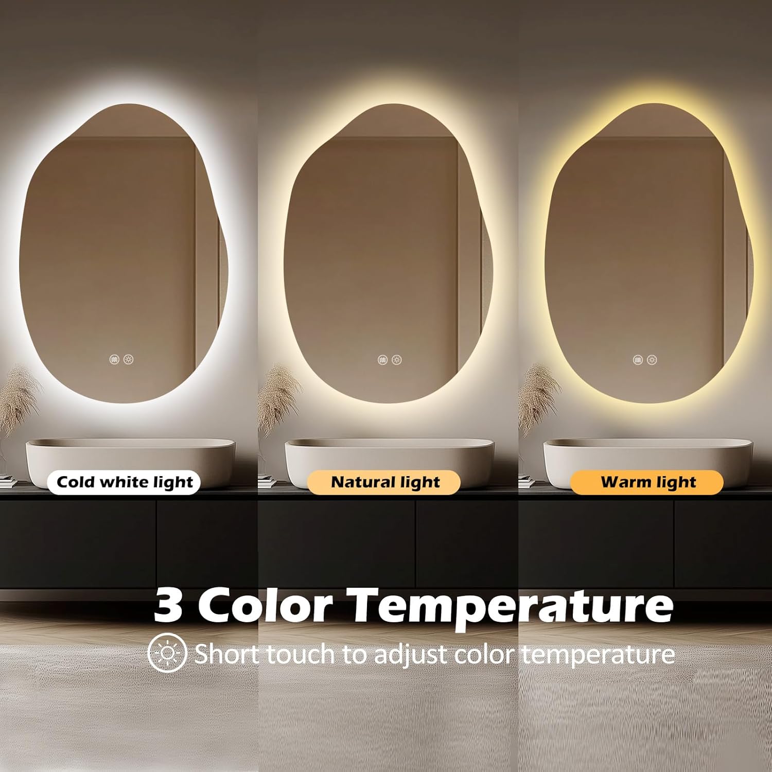 LED Light Bathroom Mirror 22x32, Stepless Dimmable Irregular Backlit Mirror with 3 Colors, Anti-Fog, Memory, Al-Alloy Lampshade, Frameless Makeup Mirror for Bathroom (Horizontal/Vertical)