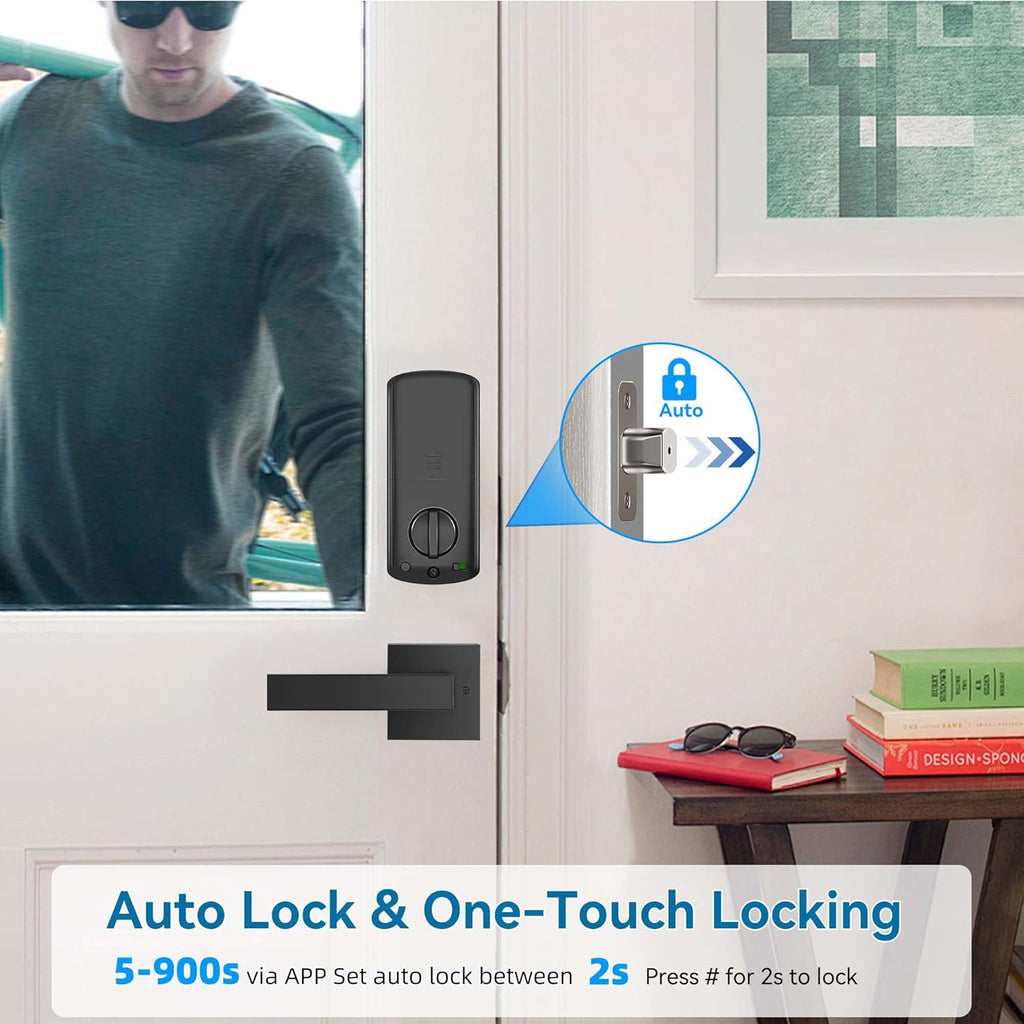 Keyless Entry Door Deadbolt with Handle Set, BEBASIA Fingerprint APP Smart Door Lock, Digital Keypad Bluetooth Deadbolt Lockset with Auto Lock Code Fob Black