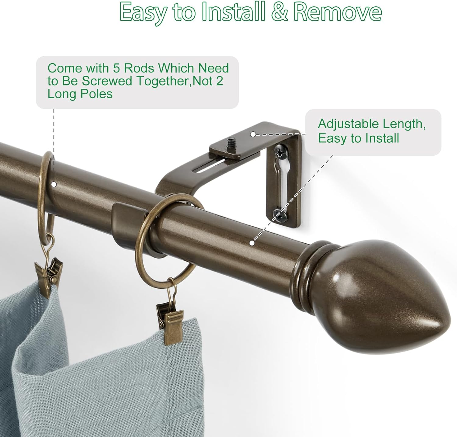 Curtain Rods for Windows 16 to 76 inches, Curtain Rod Max Adjustable Length to 88 in, Drapery Rod 1 inch Diameter with Modern Knobs Finials (Brown, 16" to 76" - Set of 1)