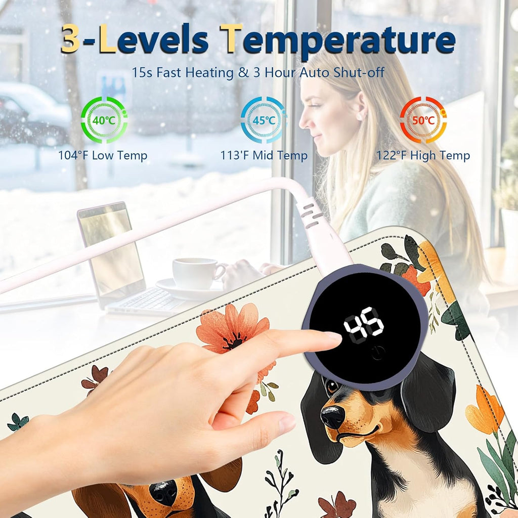 Heated Mouse Pad with 3 Temperature Settings(104°F–122°F),Large 24x14.2 Inch PU Leather Heated Desk Mat,Waterproof Warming Pad for Office,Gaming & Cold Hands Relief,Dogs and Flowers