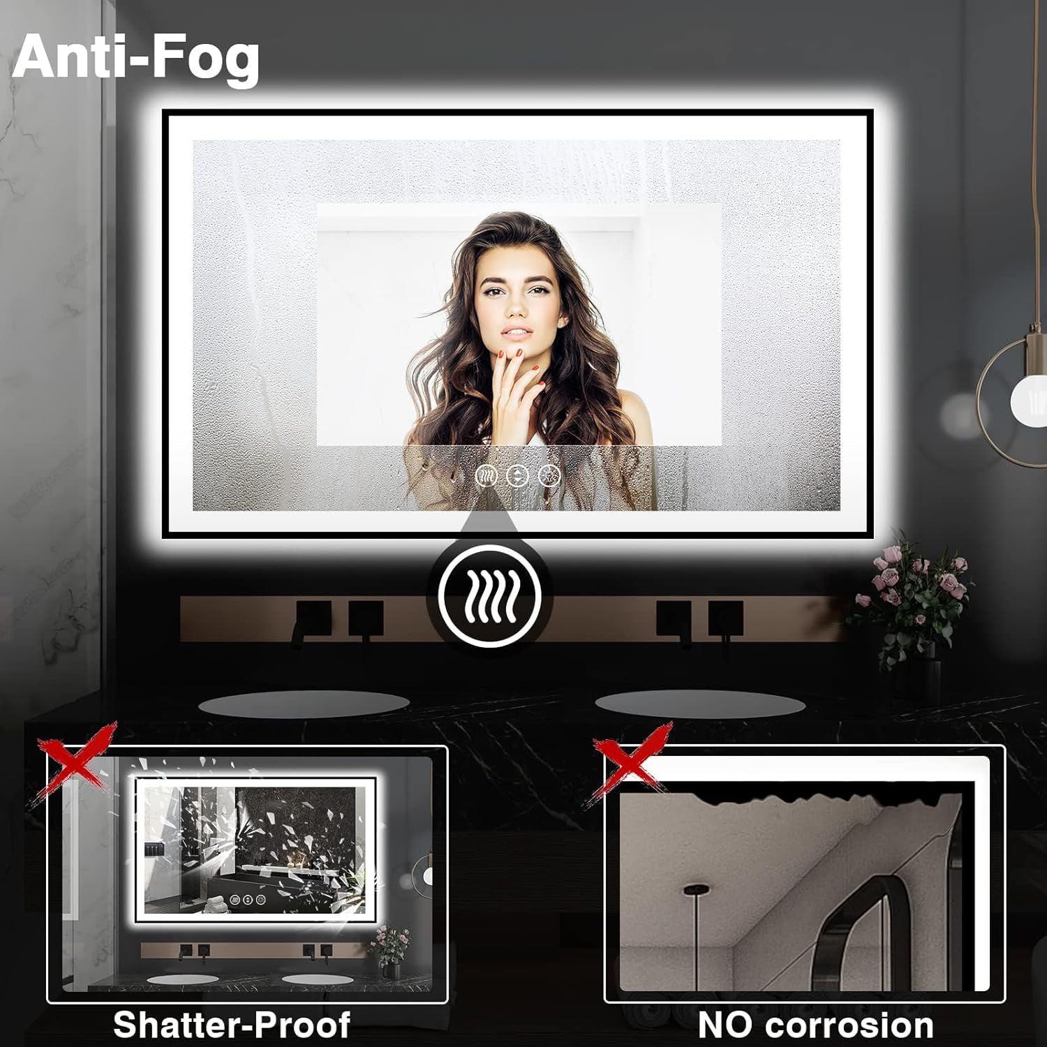 60x36 LED Mirror for Bathroom - Black Aluminum Framed (Front and Backlit),Anti-Fog Stepless 3 Colors Dimmable Lighted Smart Bathroom Mirror with Lights(Horizontal/Vertical)