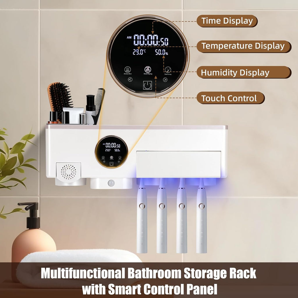 Toothbrush Holder Cleaner, Smart Automatic Toothbrush & White Hair Dryer Holder, Sensor Light, Touch Screen Timer, Bathroom Wall Accessories Organizer