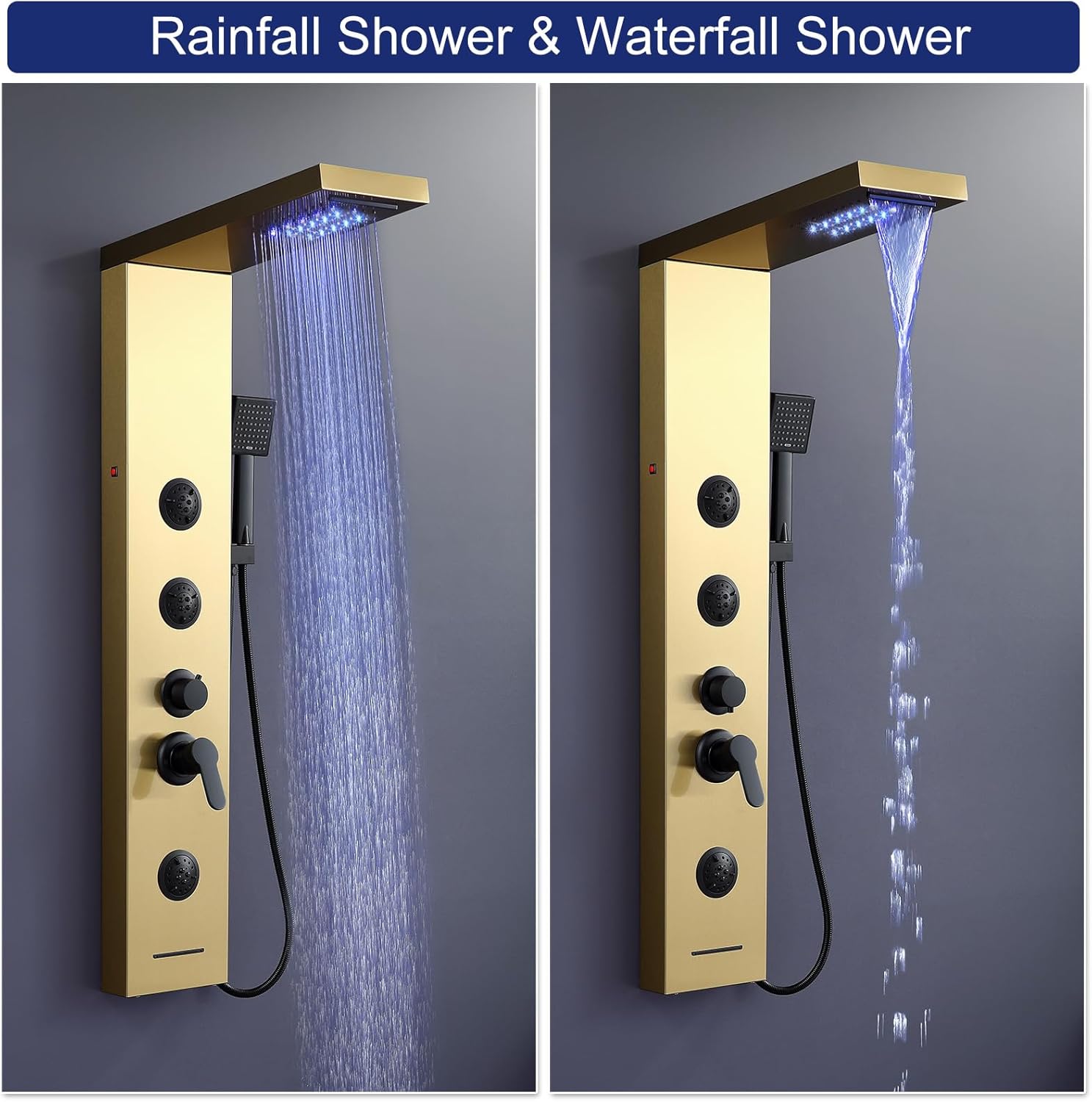 ROVATE Shower Panel Tower System Brushed Gold with LED Rainfall Waterfall Shower, Shower Tower with Jets and Rainfall and Handheld, 5 in 1 Stainless Steel Shower Column High Pressure with Tub Spout