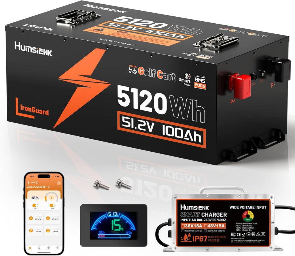 48V 100Ah Golf Cart Battery with Cylindrical Cell & Metal Case, LiFePO4 Lithium Battery with 15A Charger, Bluetooth APP & LCD Monitor, 15000+ Cycles, 200A BMS with Low-Temp Protection for Golf Carts