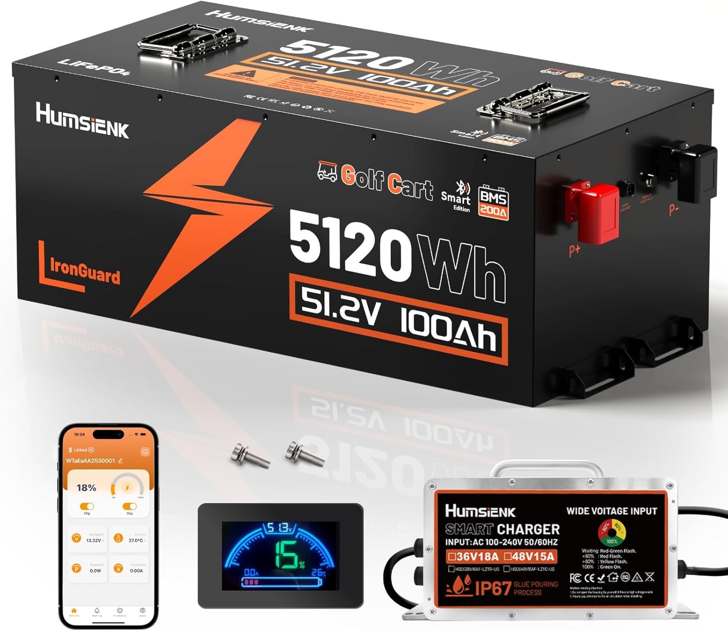 48V 100Ah Golf Cart Battery with Cylindrical Cell & Metal Case, LiFePO4 Lithium Battery with 15A Charger, Bluetooth APP & LCD Monitor, 15000+ Cycles, 200A BMS with Low-Temp Protection for Golf Carts