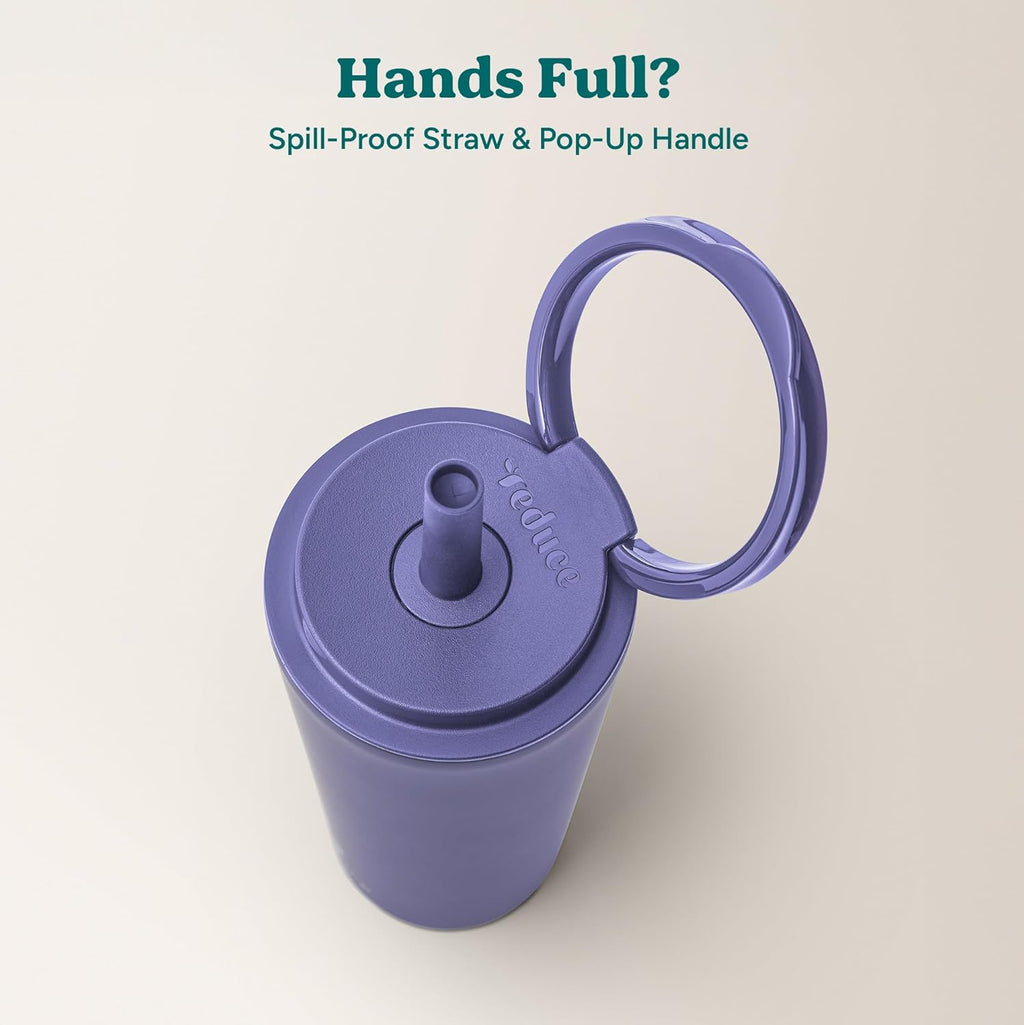 REDUCE Halo 24 oz Stainless Steel Vacuum Insulated Tumbler - Spill Proof Travel Mug with Flip Handle Lid - Keeps Drinks Cold for 32 Hrs - Dishwasher Safe - Cupholder Friendly - Future Dusk