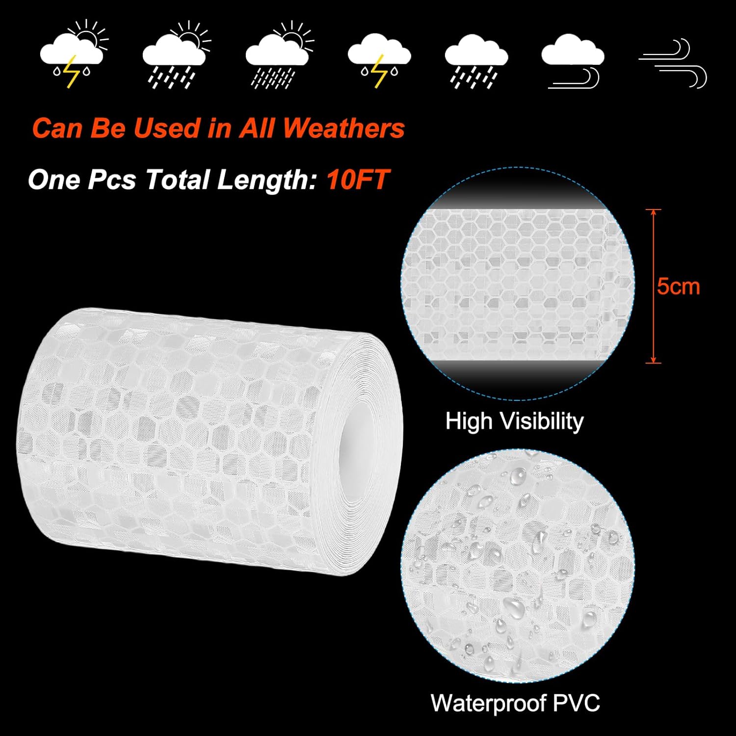 PATIKIL 2 Inch x 10 ft Reflective Tape, 1 Roll Waterproof Self Adhesive High Visibility Caution Warning Safety Tape Reflector with Scraper for Trucks Trailers Cars, White