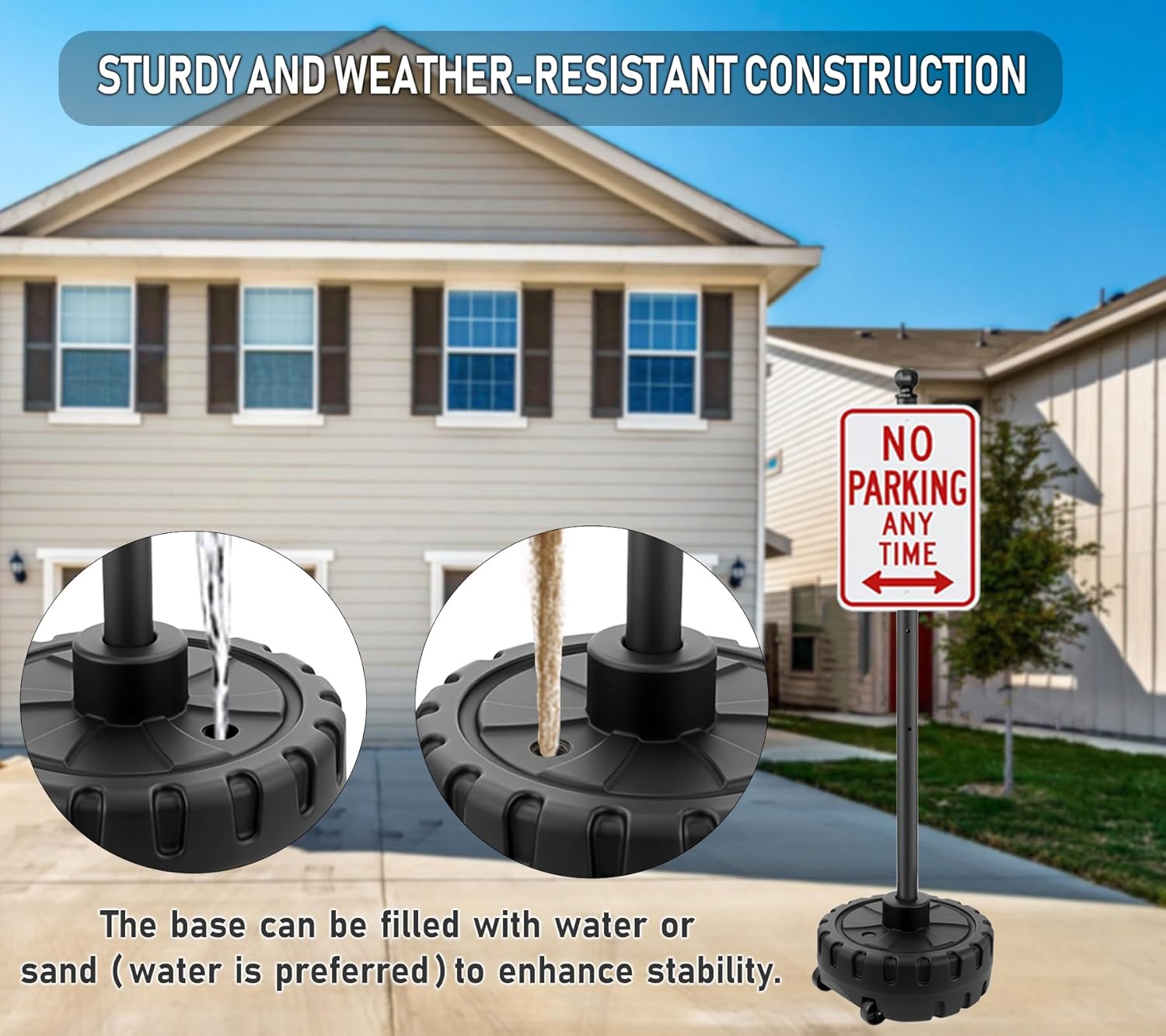 Portable Sign Post and Base Kit, 5 ft Heavy Duty Cast Iron Sign Pole with Hard Plastic Wheeled Base, Movable Signs Stand Easy to Use Portable Sign Holder for Traffic, Parking, and Safety Signs 2 Pack