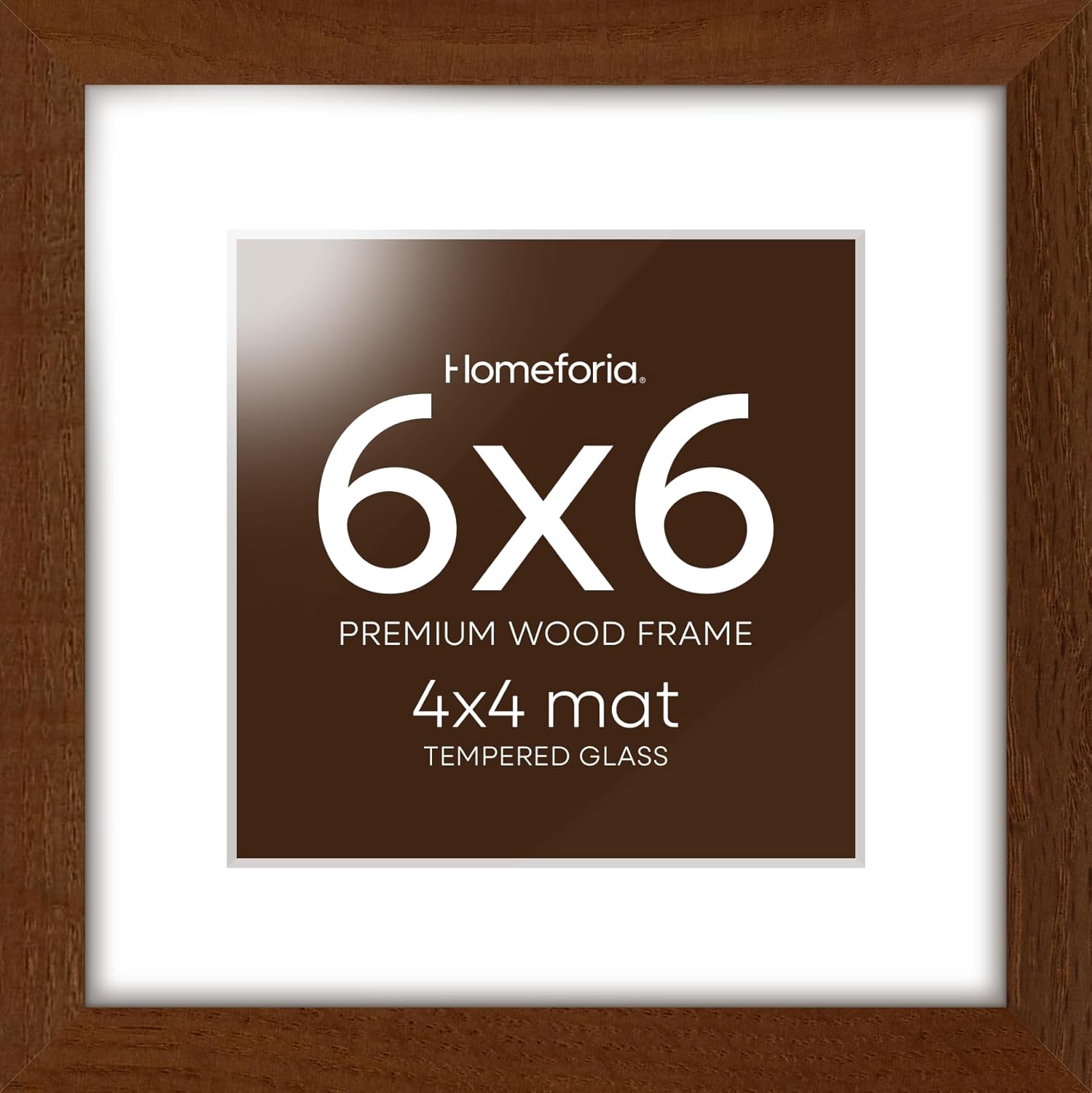 Homeforia 6x6 Picture Frame Brown, High-End Dark Oak 6 x 6 Square Brown Wood Frame with Mat 4 by 4 for Art, 6by6 Wooden Walnut Poster Frame Matted to 4x4 inch Photo, Tempered Glass, Wall Kit, Set of 1