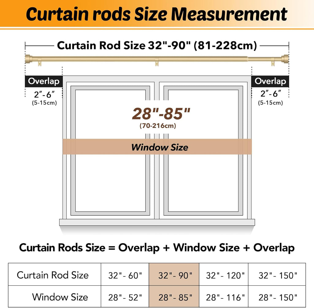 GEEBOBO Gold Curtain Rods for Windows 48 to 84 Inch, 1 Inch Adjustable Heavy Duty Decorative Window Curtain Rod, W1 (Gold, 32"-90")