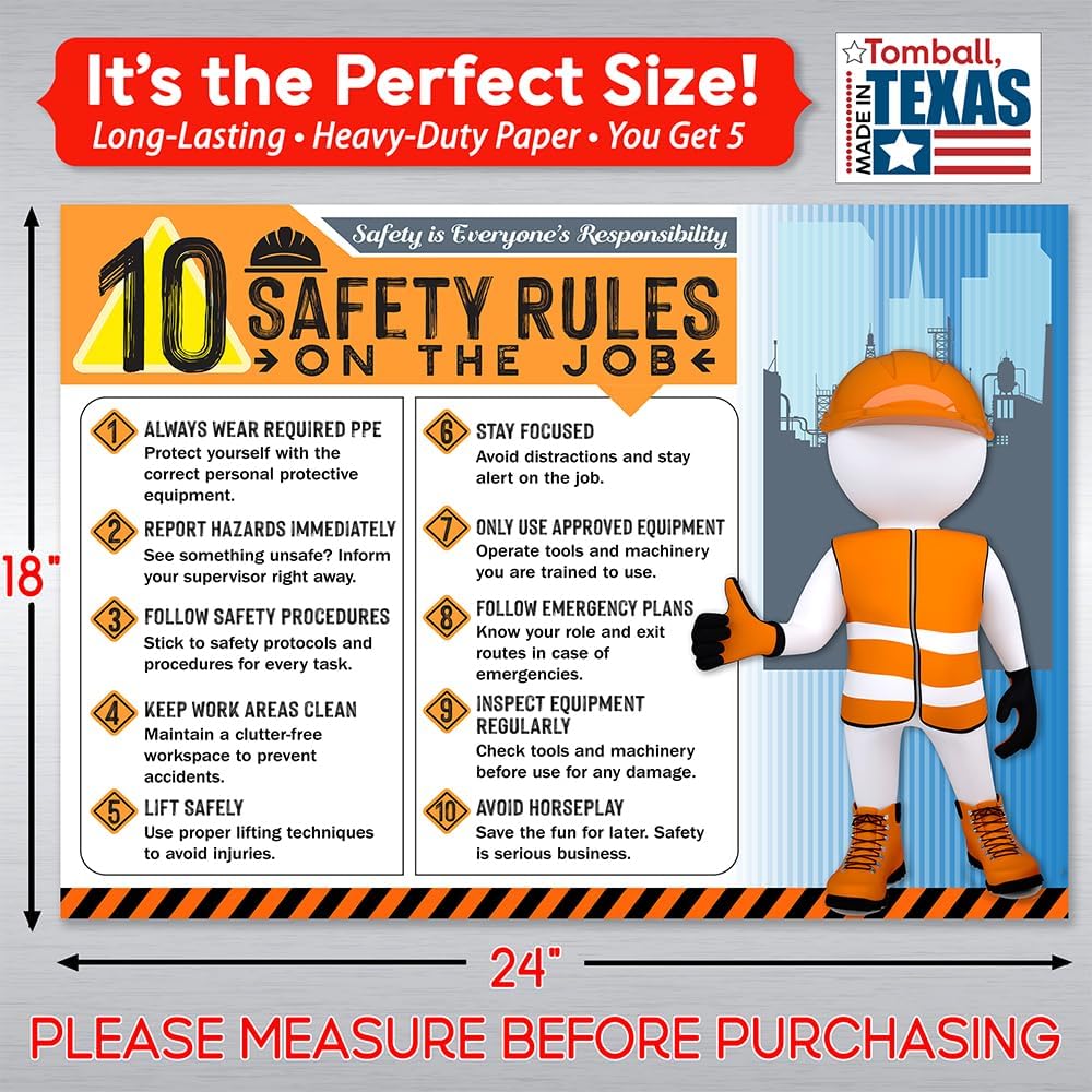10 Safety Rules on the Job Poster 2026 Version – 18x24 Durable Laminated Safety Sign, Tear-Resistant, Waterproof Workplace Safety Poster for Industrial and Construction Settings (Pack of 5)