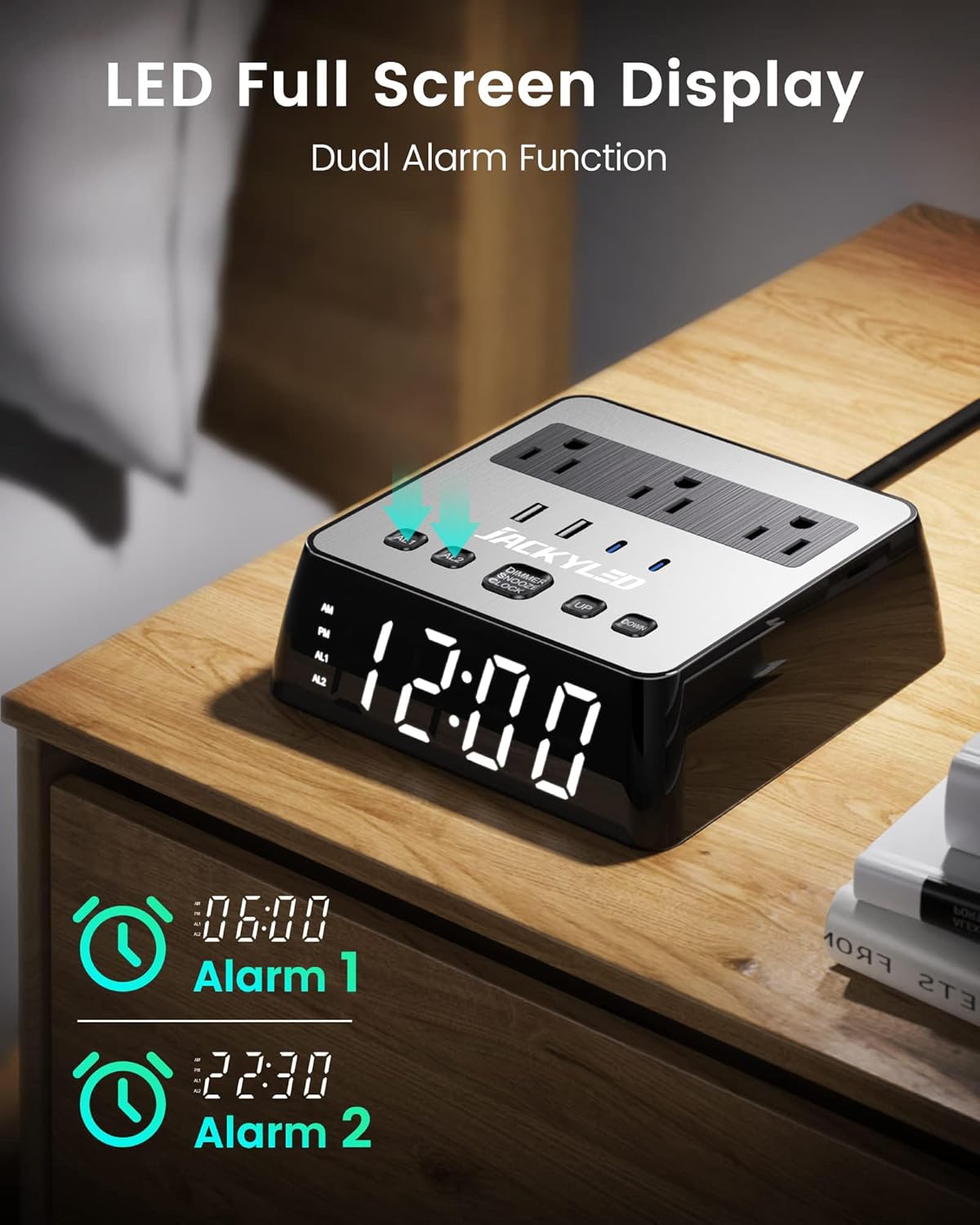 Alarm Clock with USB Charger JACKYLED Power Strip Total 4.8A USB Ports LED Full Screen Surge Protector 6.5ft Cord 4 Dimmer for Heavy Sleepers Compatible with Phone Tablet Computer Black Silver