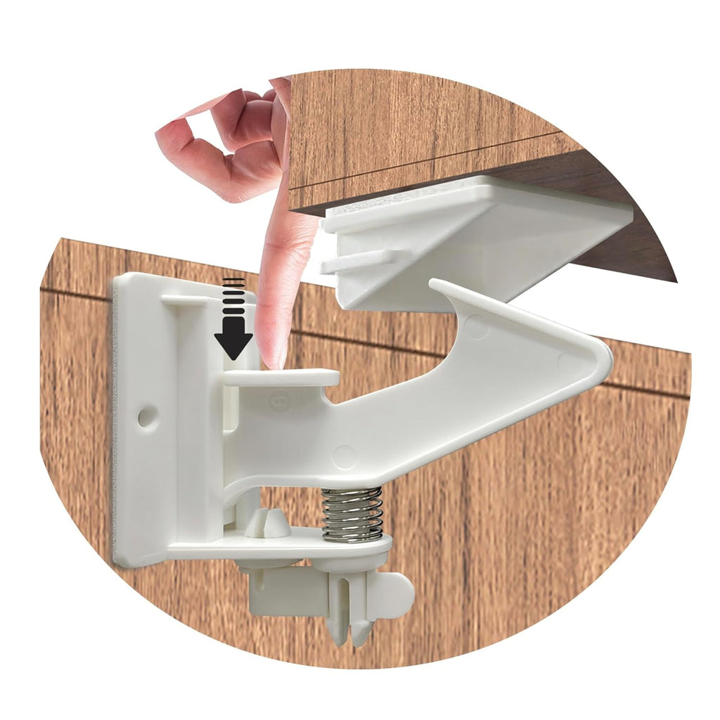 Vmaisi 12 Pack Cabinet Locks Child Safety Latches - Baby Proofing Cabinets Drawer Lock with Adhesive Easy Installation - No Drilling or Extra Screws (White)