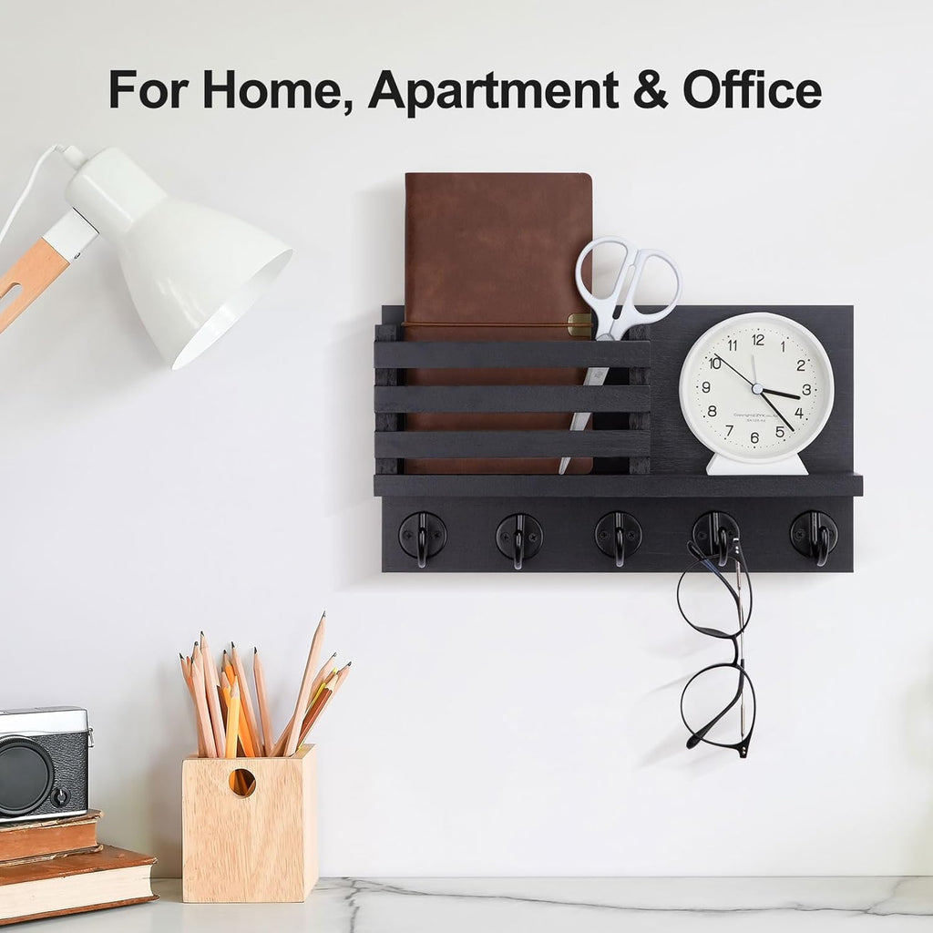 Key Holder for Wall – Decorative Wooden Mail Holder and Key Shelf with Mounting Hardware, Installation Guide – Paulownia Wood with 5 Metal Key Hooks (11.8” x 6.7” x 2.8”)