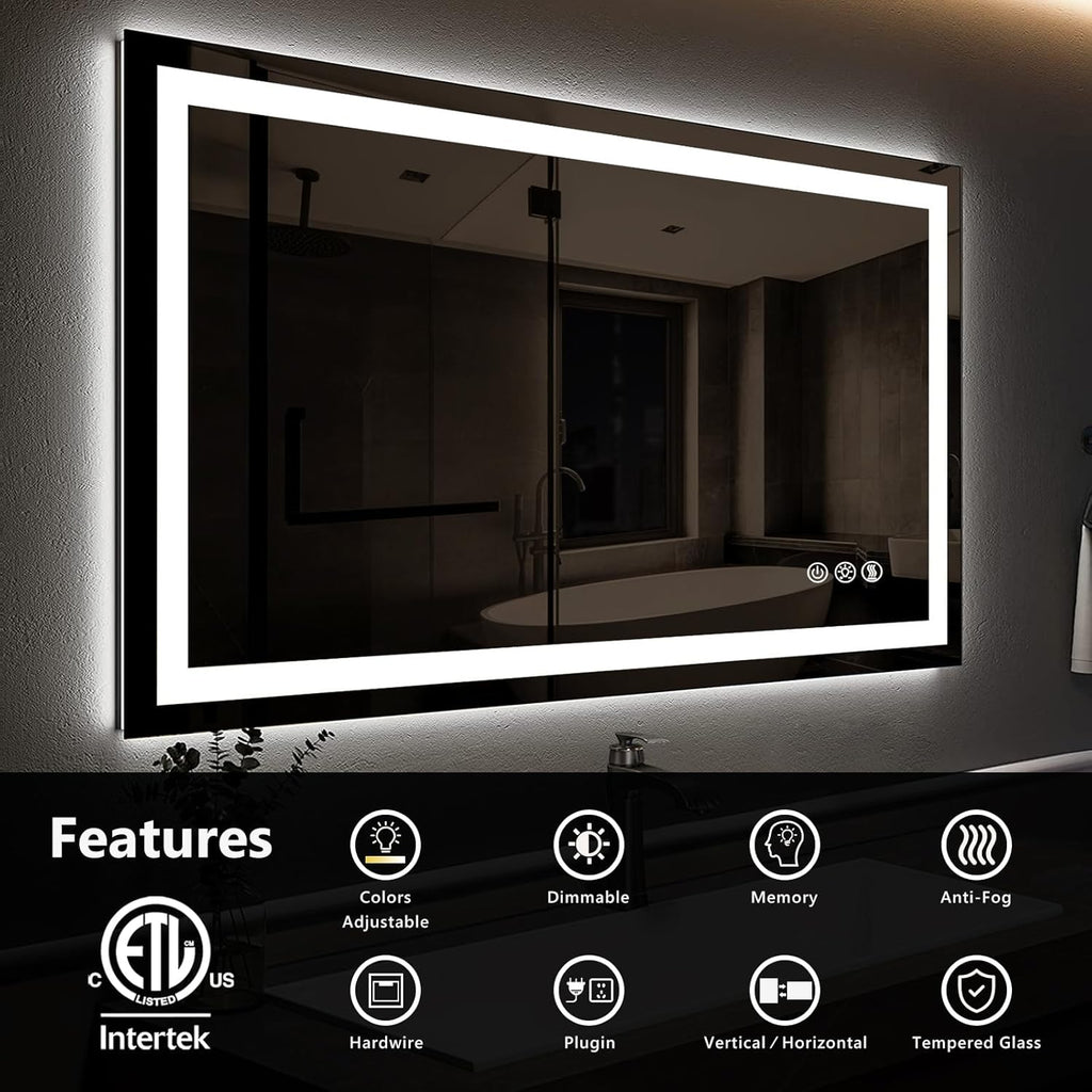 ROOMTEC 48 x 36 Inches LED Bathroom Mirror with Front and Backlit,Anti-Fog,3 Colors and Dimmable Light(Horizontal/Vertical), Silver