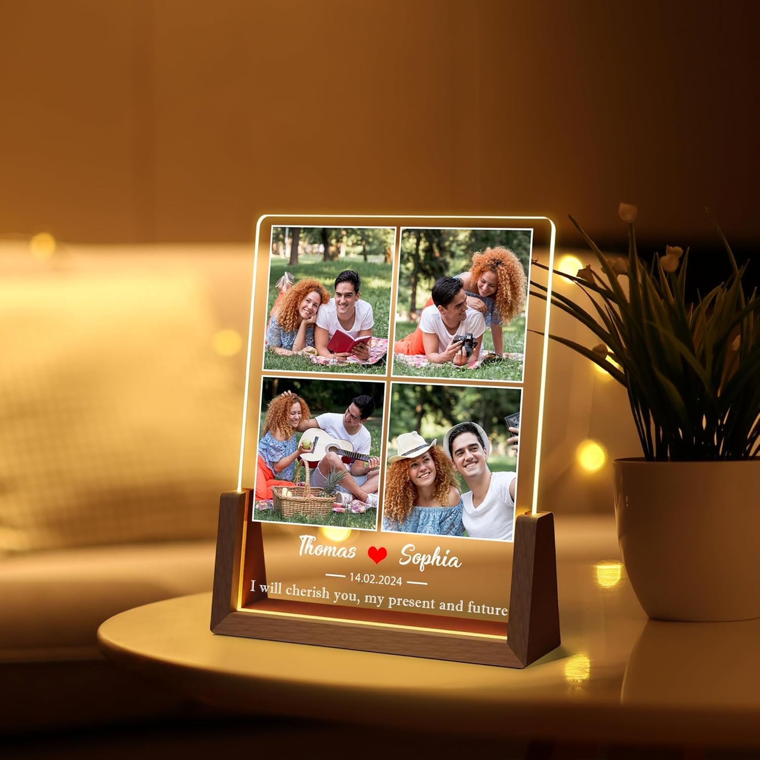 Personalized Couple Gifts For Boyfriend Girlfriend Him Her, Custom Acrylic Plaque Light Up Picture Frame With Photo Name, Anniversary Birthday Christmas Gifts For Women Men Husband Wife