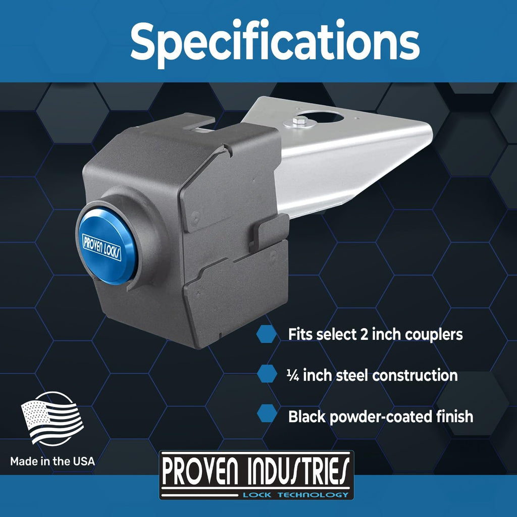 Proven Industries Model 2178-A Trailer Lock, Fits 2-Inch Yoke-Latch Trailer Couplers, Secures Safety Chains, Made in The USA, (Blue)