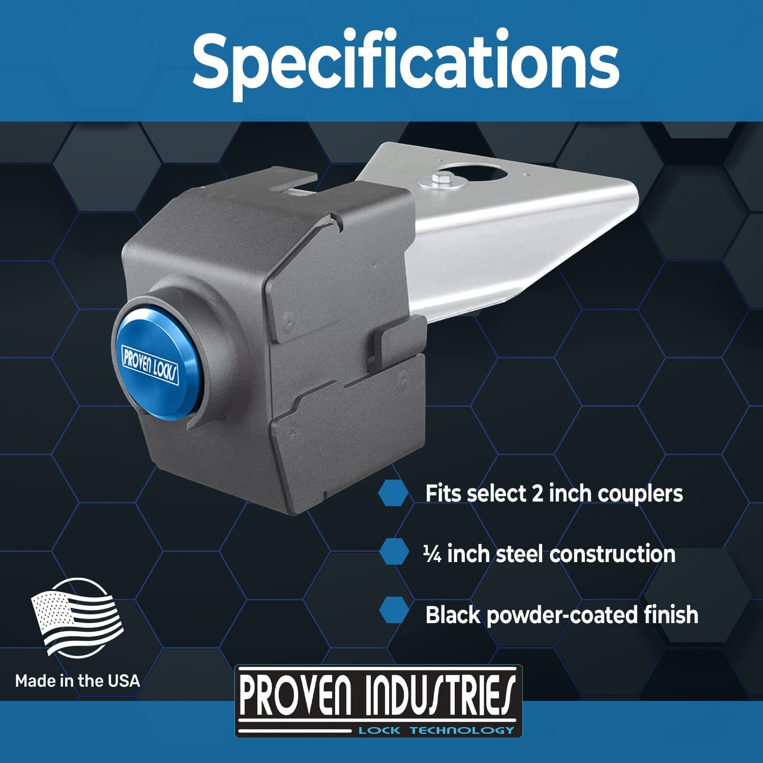 Proven Industries Model 2178-A Trailer Lock, Fits 2-Inch Yoke-Latch Trailer Couplers, Secures Safety Chains, Made in The USA, (Blue)