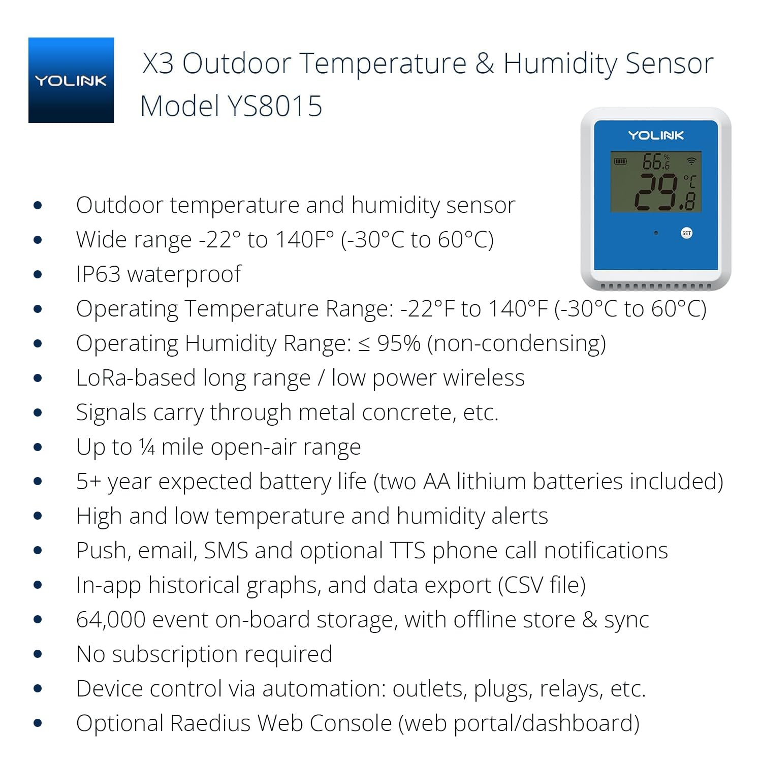 YoLink X3 Outdoor Temperature and Humidity Sensor with Data Logger, Thermometer, 1/4 Mile Range, 5+ Years Battery Life, Emails, Text, App Alerts, Alexa, IFTTT. Hub Required!