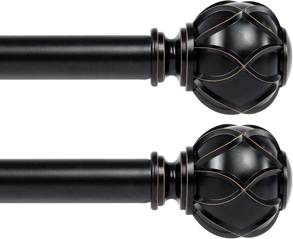 KAMANINA 1 Inch Curtain Rod Telescoping Single Drapery Rod 28 to 48 Inches (2.3-4 Feet), 2 Pack Black Curtain Rods for Windows 16 to 44 Inches, Netted Texture Finials