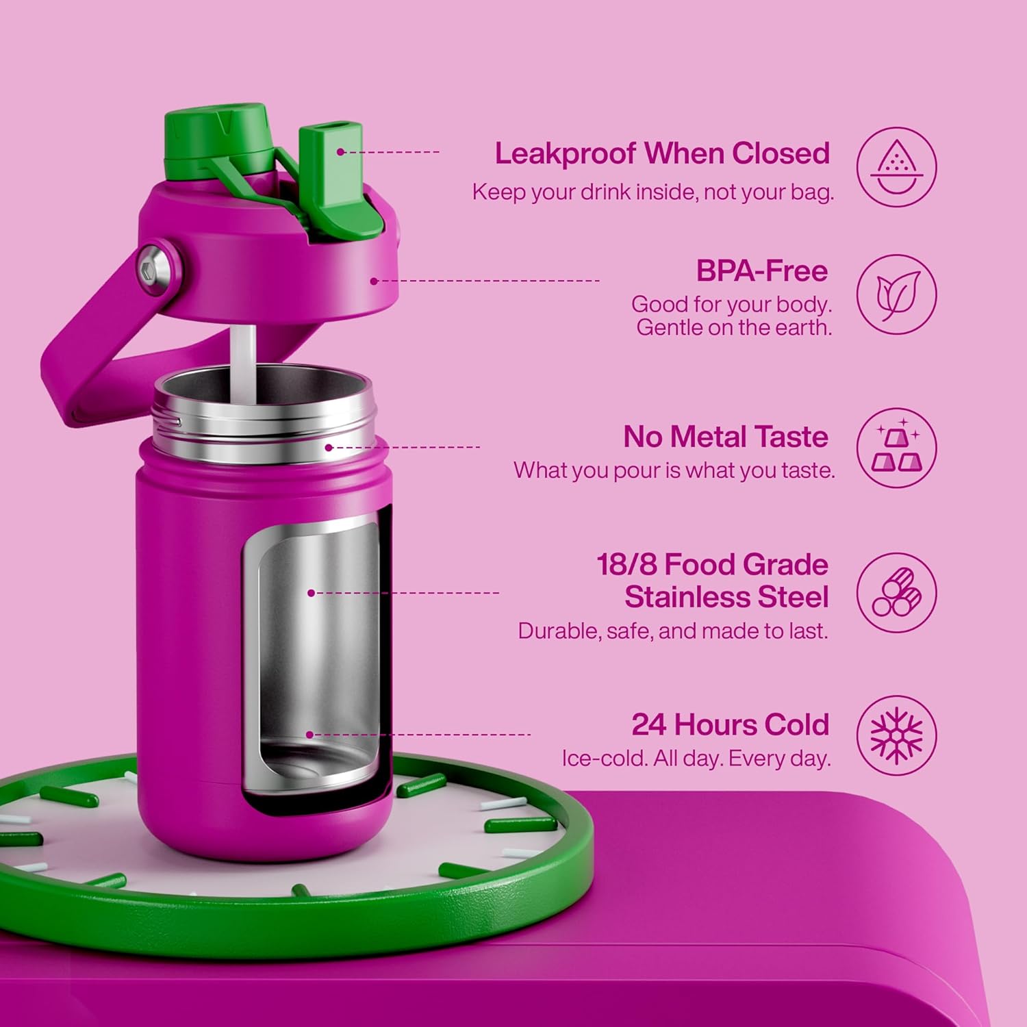 Kids Insualated Water Bottle with Straw - 12oz Stainless Steel Water Bottle with Dual Spouts, Leak-Proof, BPA-Free, Double Wall Vacuum Keeps Cold for 24 Hours for Sports, Travel (Knockout Pink)