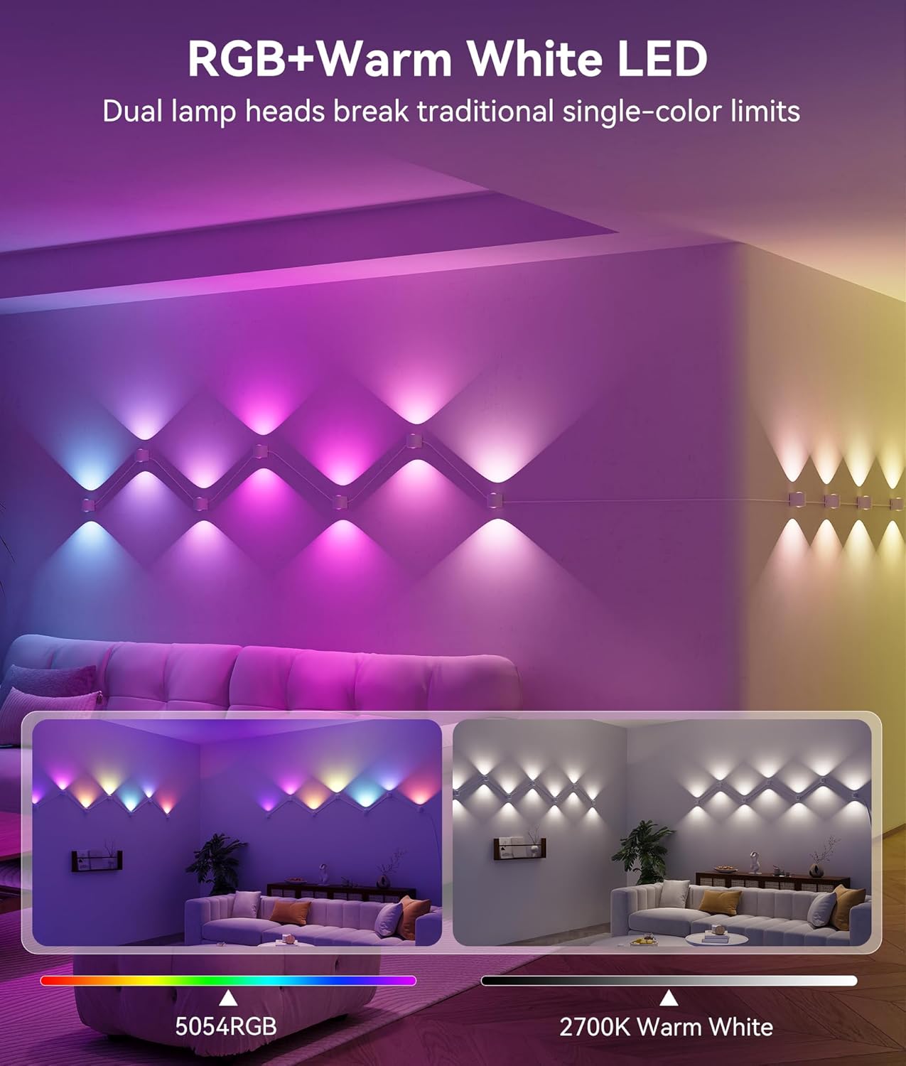8 Lamp RGBCW Indoor Wall Lights, Up Down Lighting Bedroom Wall Sconces, Music Sync, DIY Styling White Color Changing Wall Lamps For Living room, Party, Home Decor, Compatible Alexa/Google Assistant