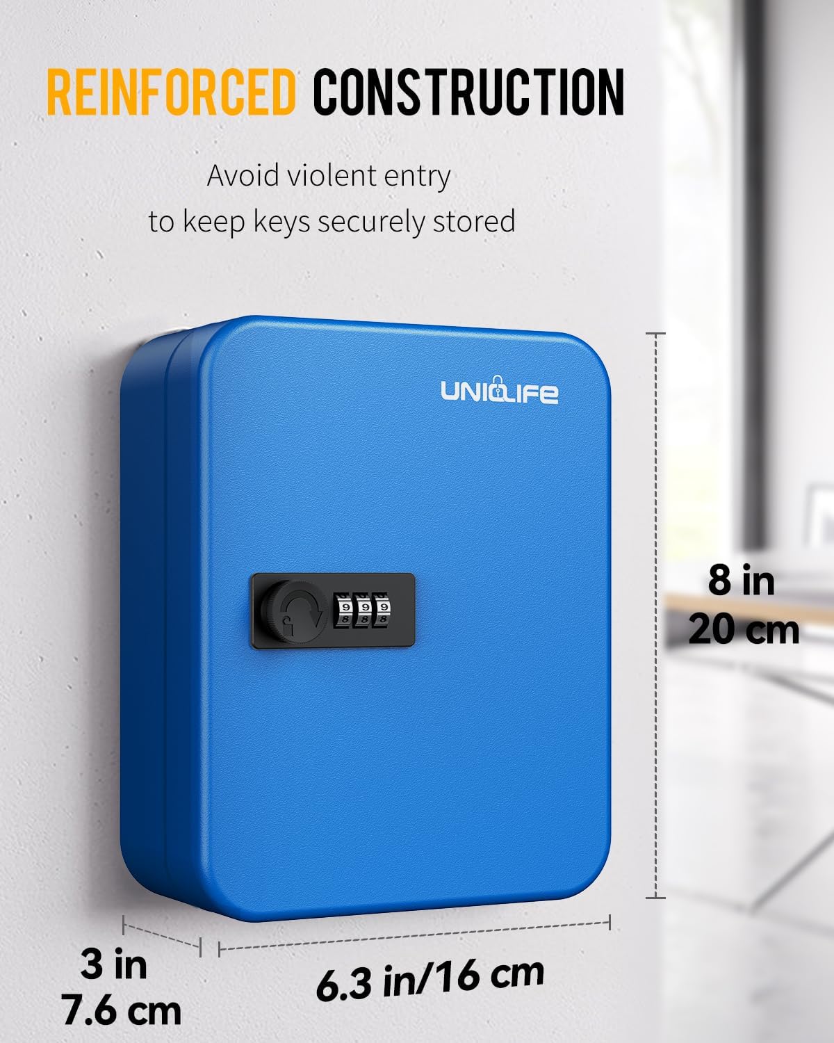 Uniclife 20 Position Key Cabinet with Combination Lock Resettable Blue Digital Security Storage Box Steel Key Organizer with Colorful Key Tag Labels Stickers and Hooks