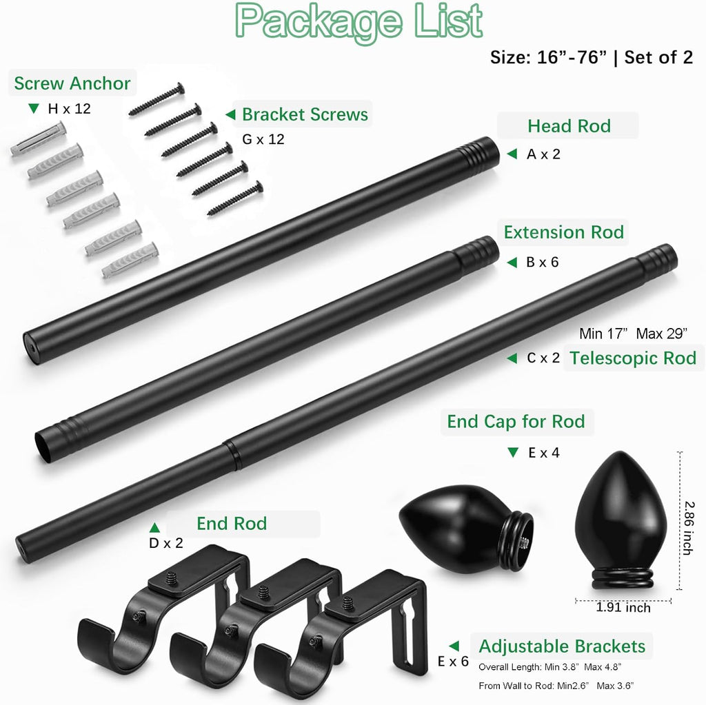 Curtain Rods for Windows 16 to 76 inches, Curtain Rod Max Adjustable Length to 88 in, Drapery Rod 1 inch Diameter with Modern Knobs Finials (Black, 16" to 76" - Set of 2)