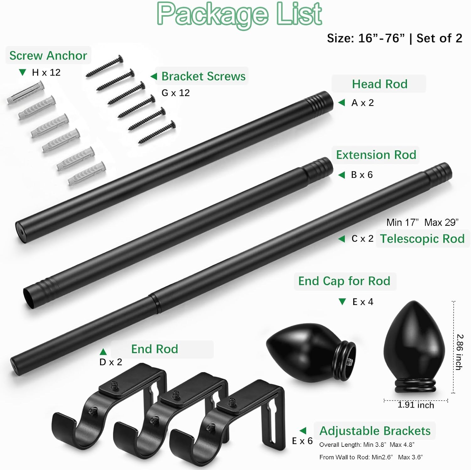 Curtain Rods for Windows 16 to 76 inches, Curtain Rod Max Adjustable Length to 88 in, Drapery Rod 1 inch Diameter with Modern Knobs Finials (Black, 16" to 76" - Set of 2)