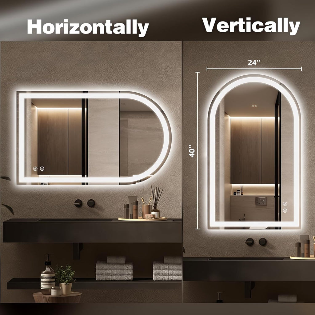 Niccy Arched LED Bathroom Mirror, 40x24 Arch Wall Mounted Frameless Bathroom Mirror for Vanity, Smart Lighted Frontlit Mirrors with Memory Function for Bathroom Bedroom Beauty Hair Salon