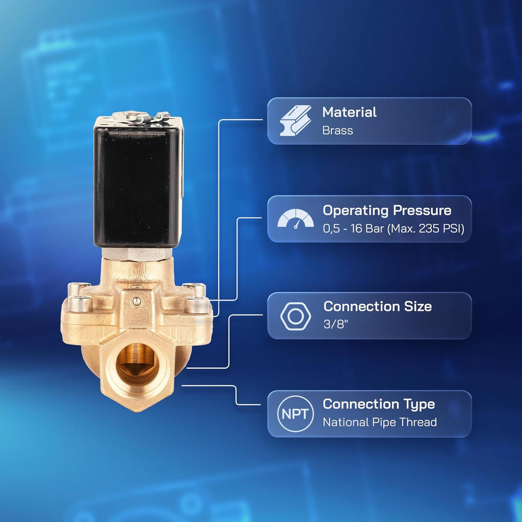 UNOX 3/8" NPT Solenoid Valve 24V DC, Brass Control Valve Normally Closed - 7-232 PSI Multi-Purpose Reliable Control Valve for Water, Air, and Gas - Solenoid Valves