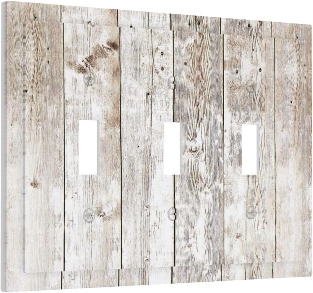 Vintage Light Wood Retro Rustic White Gray Oak Print Decorative Switch Plates 3 Gang Wall Plate Triple Toggle Light Switch Cover Faceplate Electrical Wall Panels for Farmhouse Home Decor