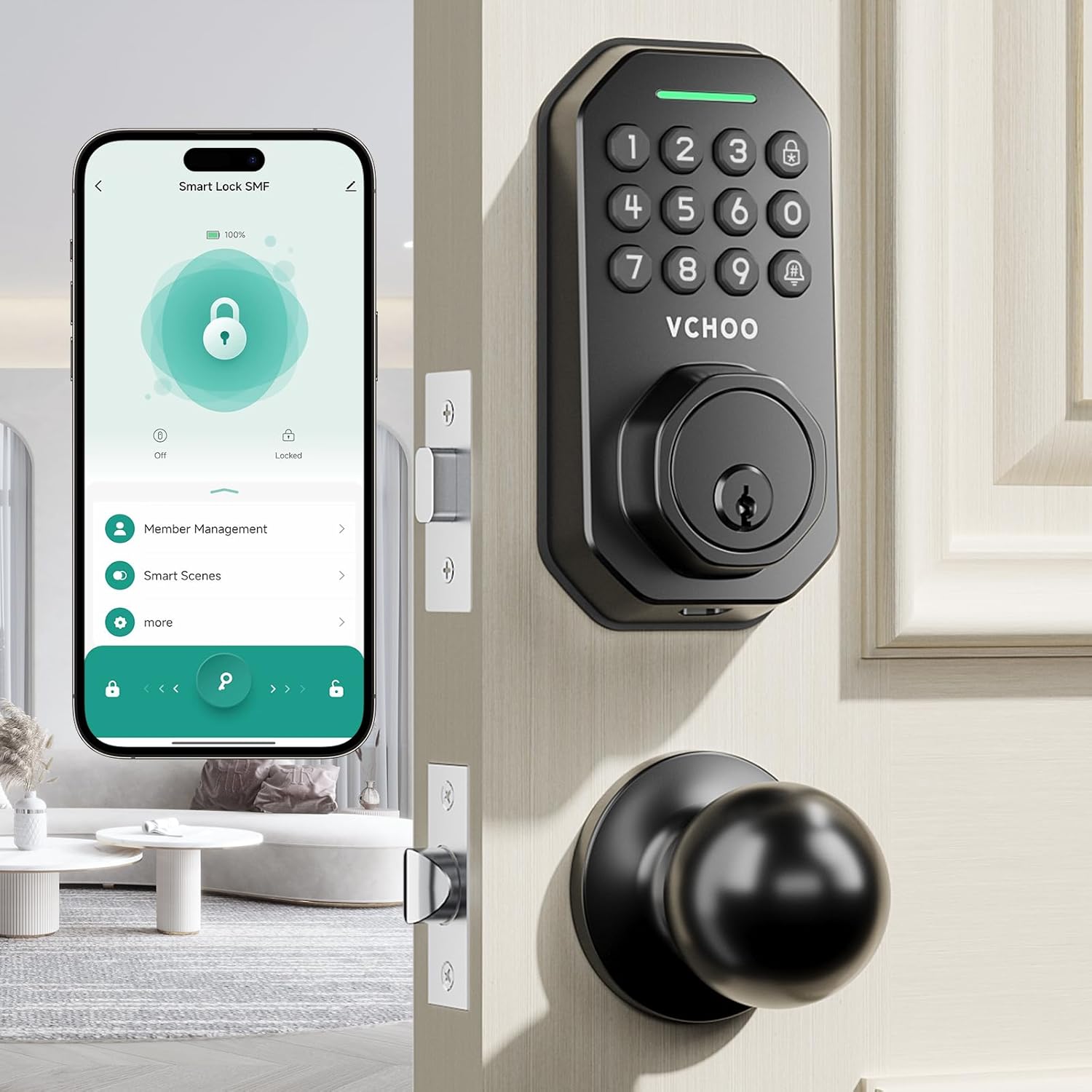 Keyless Entry Door Lock with Handle, App Control Door Locks for Front Door, Auto Lock Keypad Door Lock with Handle, Smart Door Lock for Home Hotel Bedroom with 2 Door Knobs