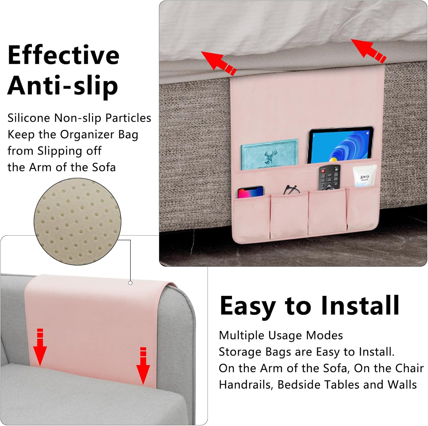 Remote Control Holder for Armchair，Couch Caddy Organizer TV Remote Holder for Bed Storage 5 Pockets，Remote Caddy Bedside Organizer Bedside Table Organizer (Pink, 35''x18'')
