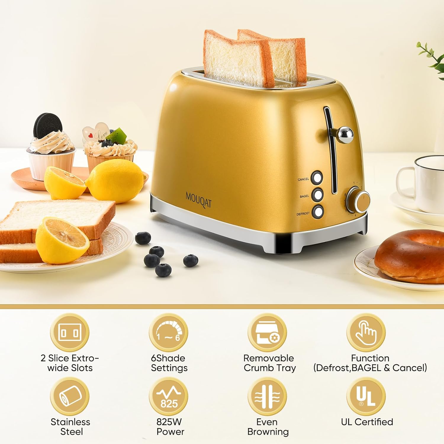 Gold Toaster 2 Slice, Wide Slot Stainless Steel, Mouqat – Best Gift, 6 Shade Settings, Bagel/Cancel/Defrost Functions, Removable Crumb Tray, Different Toast Sizes, Kitchen Essential, Cord Wrap – 825W