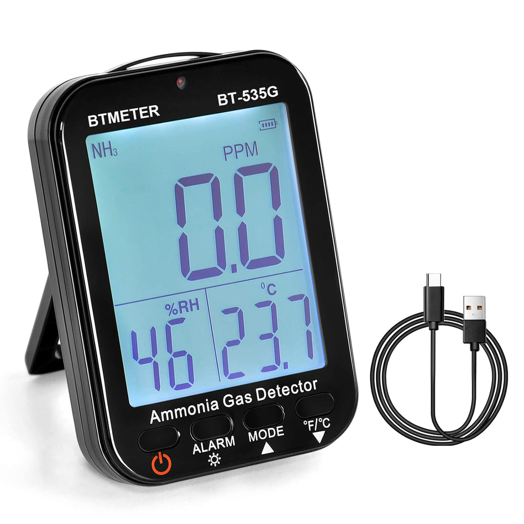 BTMETER Ammonia Gas Detector 535G, Air Quality Meter Monitor Indoor NH3 Gas 0~100 PPM, Relative Humidity and Temperature, Rechargeable Ammonia Gauge with Alarm, Backlit LCD Display